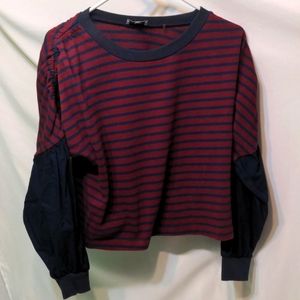 Kinly  mixed media shirtr red and blue stripped with blue sleeves shirt sz small